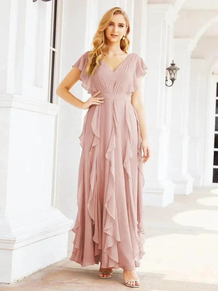 Ruffled Bridesmaid Dresses with Sleeves Long Formal Party Dress 28041 - Image 17