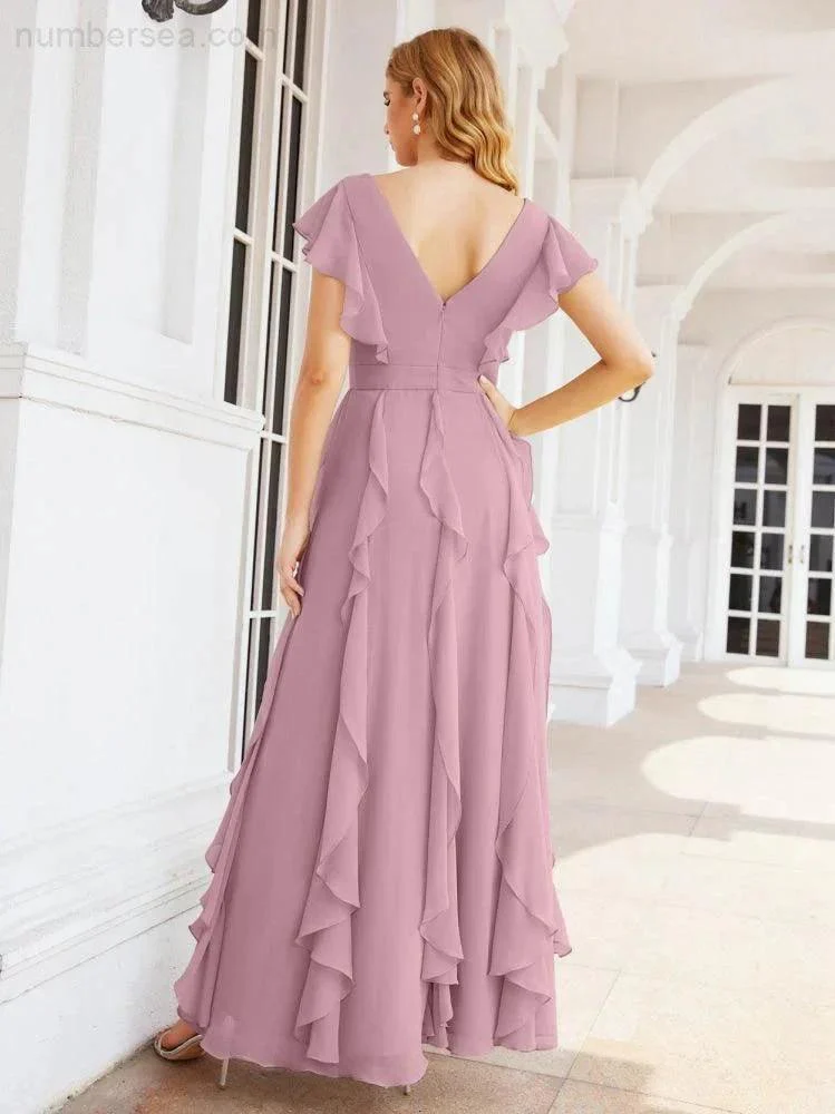 Ruffled Bridesmaid Dresses with Sleeves Long Formal Party Dress 28041 - Image 2