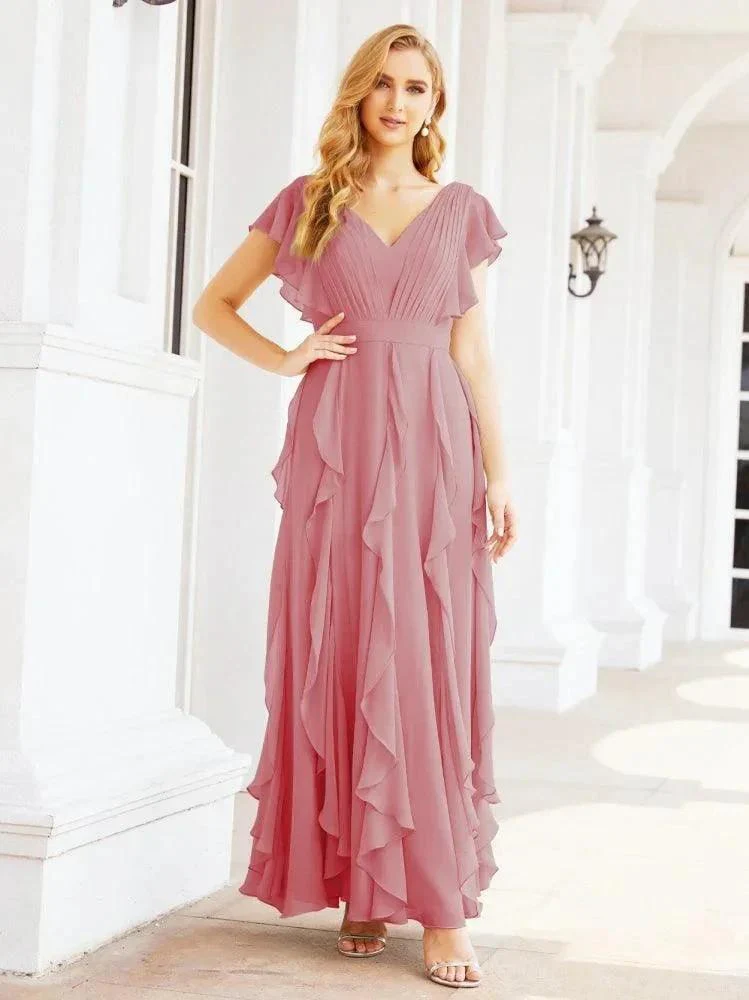 Ruffled Bridesmaid Dresses with Sleeves Long Formal Party Dress 28041 - Image 21