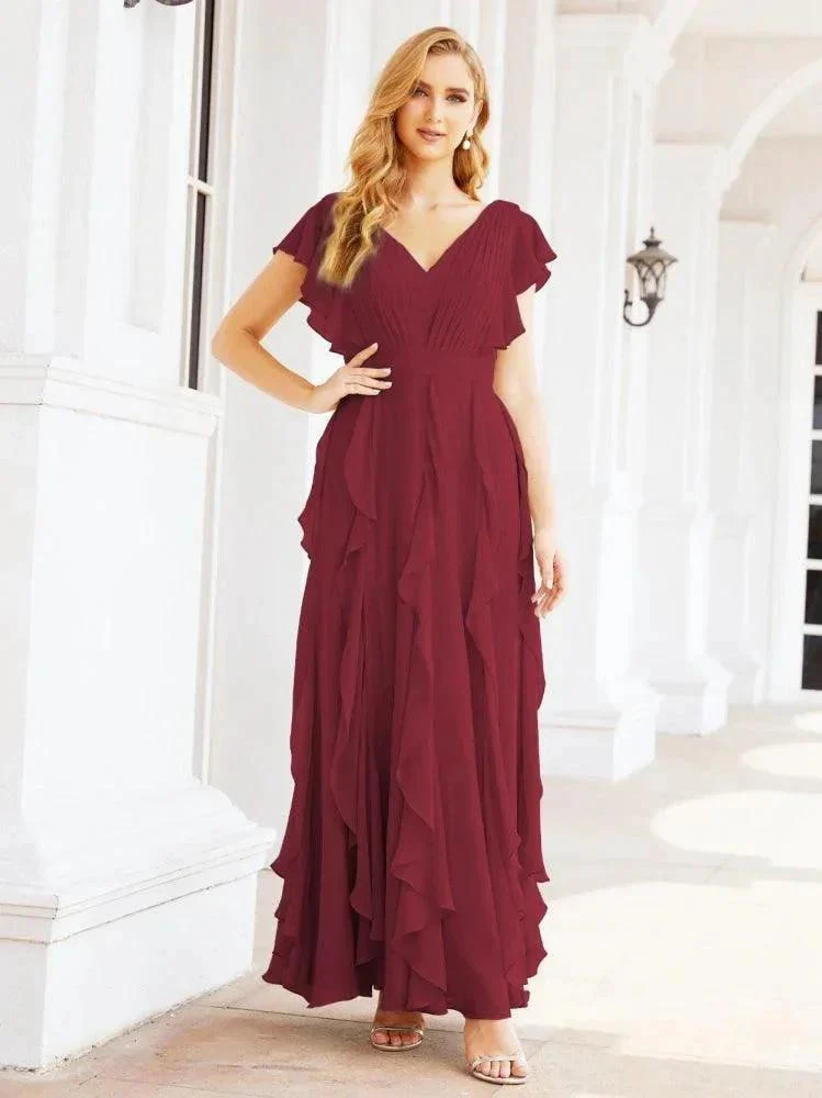 Ruffled Bridesmaid Dresses with Sleeves Long Formal Party Dress 28041 - Image 23