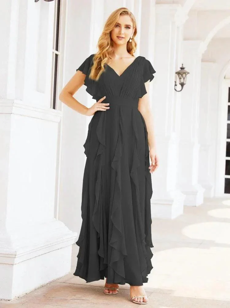 Ruffled Bridesmaid Dresses with Sleeves Long Formal Party Dress 28041 - Image 29