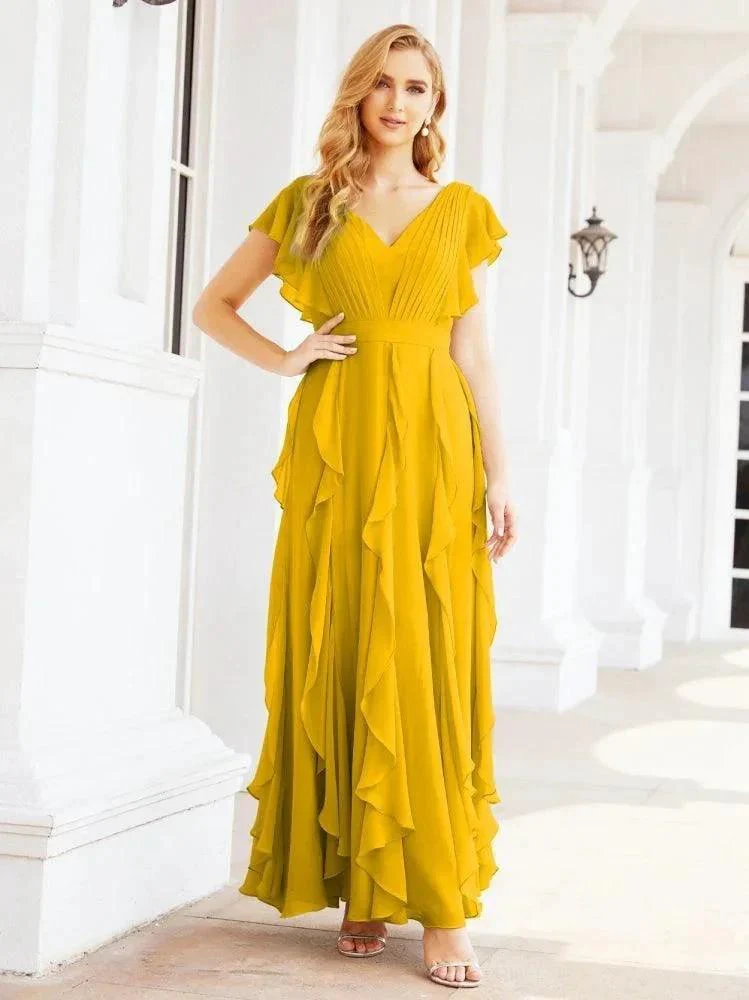 Ruffled Bridesmaid Dresses with Sleeves Long Formal Party Dress 28041 - Image 3