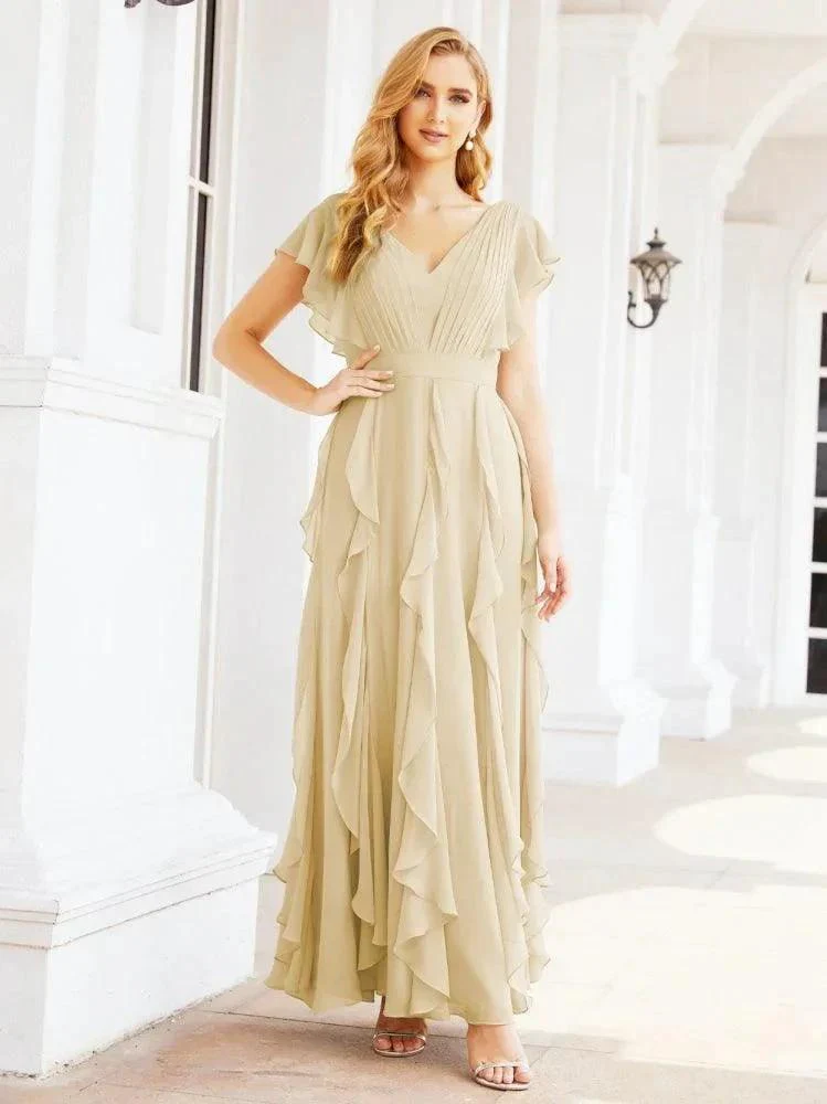 Ruffled Bridesmaid Dresses with Sleeves Long Formal Party Dress 28041 - Image 31