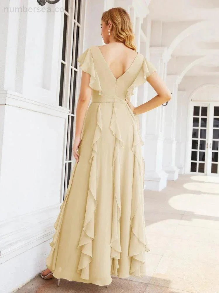 Ruffled Bridesmaid Dresses with Sleeves Long Formal Party Dress 28041 - Image 32