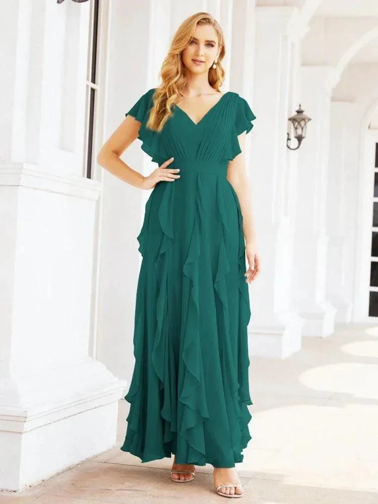 Ruffled Bridesmaid Dresses with Sleeves Long Formal Party Dress 28041 - Image 33