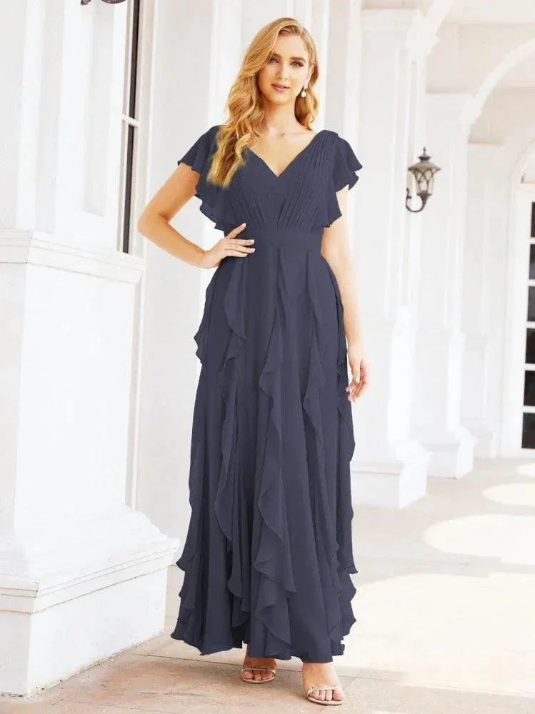 Ruffled Bridesmaid Dresses with Sleeves Long Formal Party Dress 28041 - Image 35