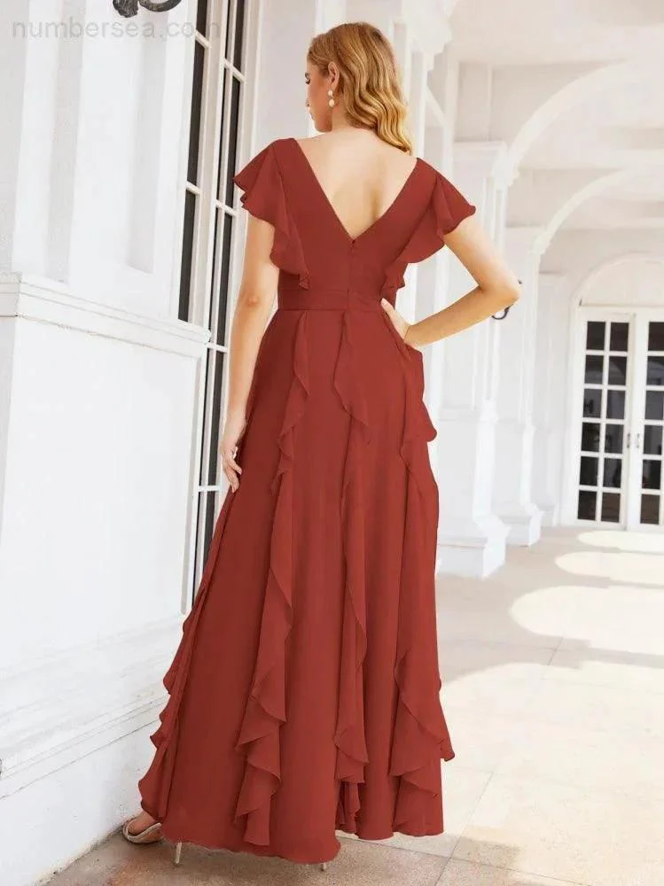 Ruffled Bridesmaid Dresses with Sleeves Long Formal Party Dress 28041 - Image 38