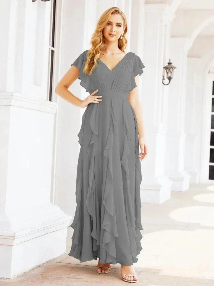 Ruffled Bridesmaid Dresses with Sleeves Long Formal Party Dress 28041 - Image 39