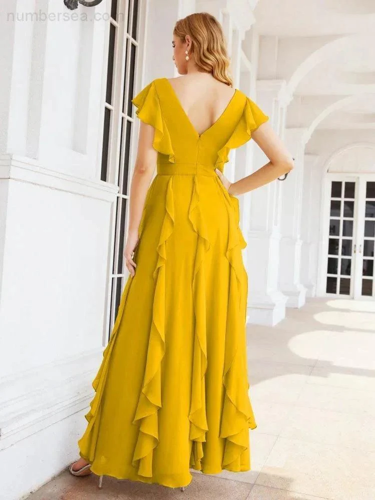 Ruffled Bridesmaid Dresses with Sleeves Long Formal Party Dress 28041 - Image 4