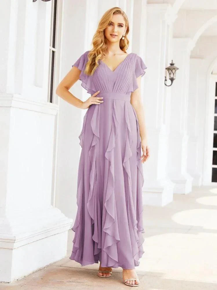 Ruffled Bridesmaid Dresses with Sleeves Long Formal Party Dress 28041 - Image 41
