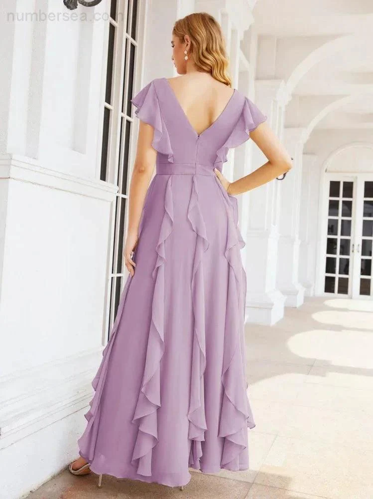 Ruffled Bridesmaid Dresses with Sleeves Long Formal Party Dress 28041 - Image 42