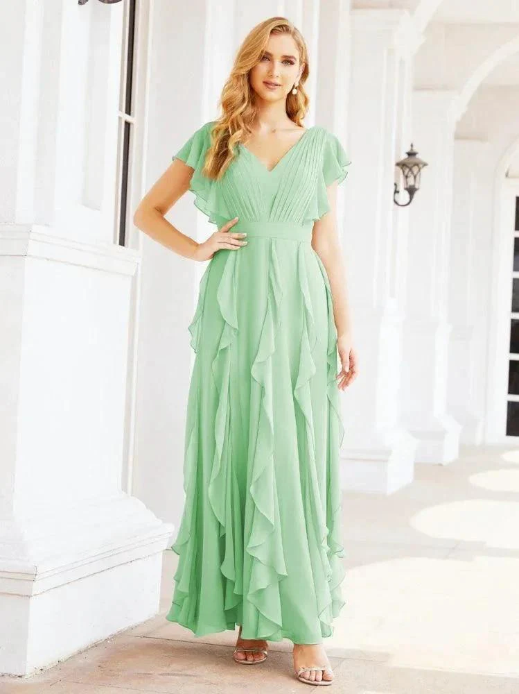 Ruffled Bridesmaid Dresses with Sleeves Long Formal Party Dress 28041 - Image 43