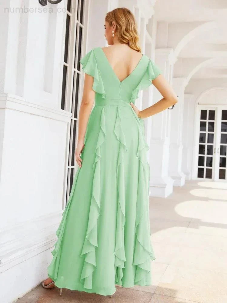 Ruffled Bridesmaid Dresses with Sleeves Long Formal Party Dress 28041 - Image 44