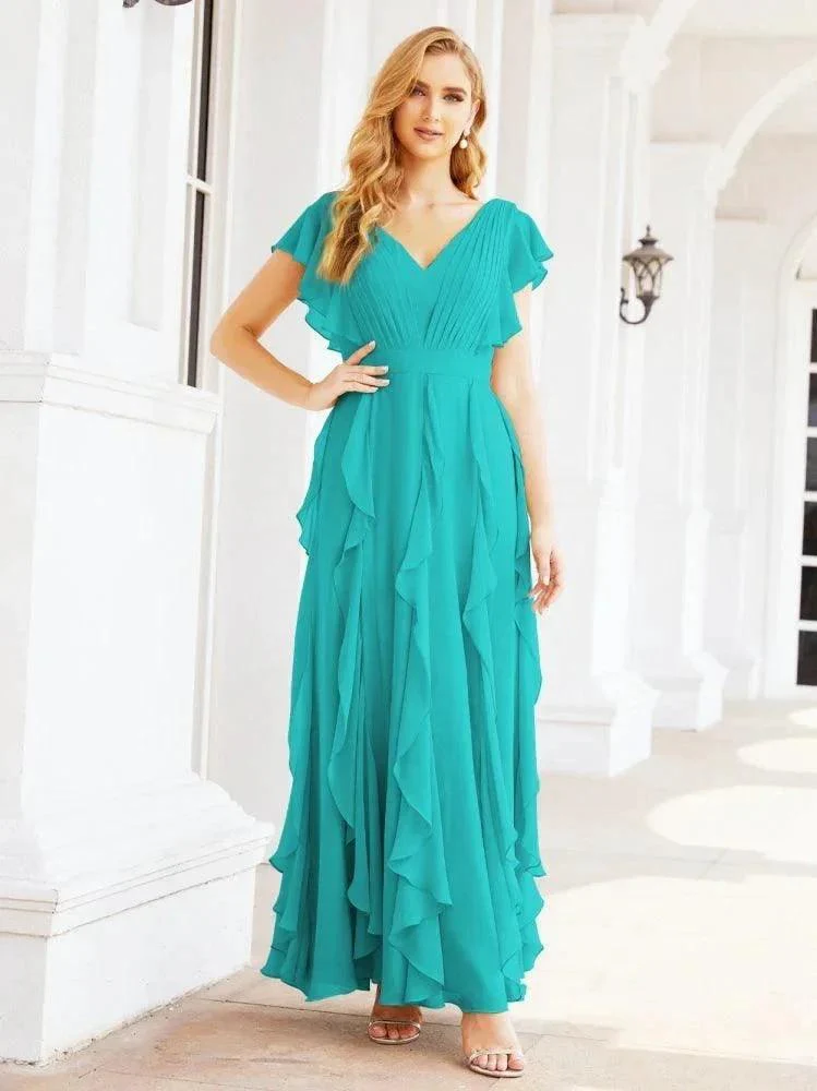 Ruffled Bridesmaid Dresses with Sleeves Long Formal Party Dress 28041 - Image 45