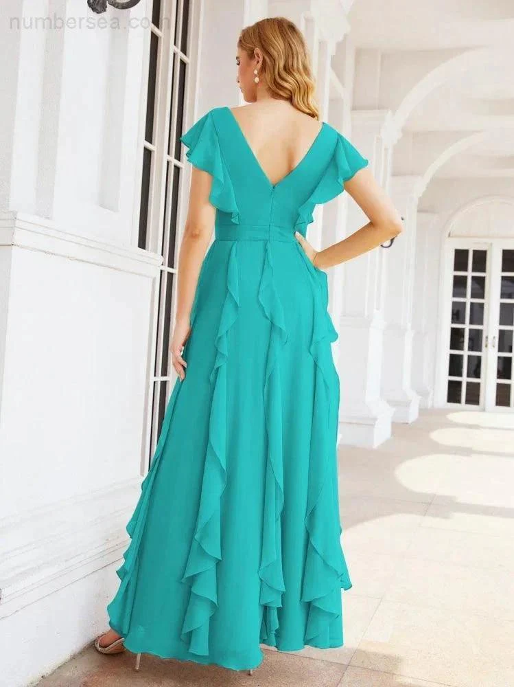 Ruffled Bridesmaid Dresses with Sleeves Long Formal Party Dress 28041 - Image 46