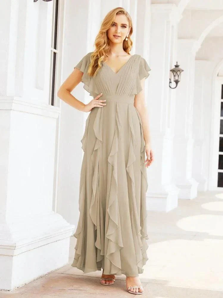 Ruffled Bridesmaid Dresses with Sleeves Long Formal Party Dress 28041 - Image 47