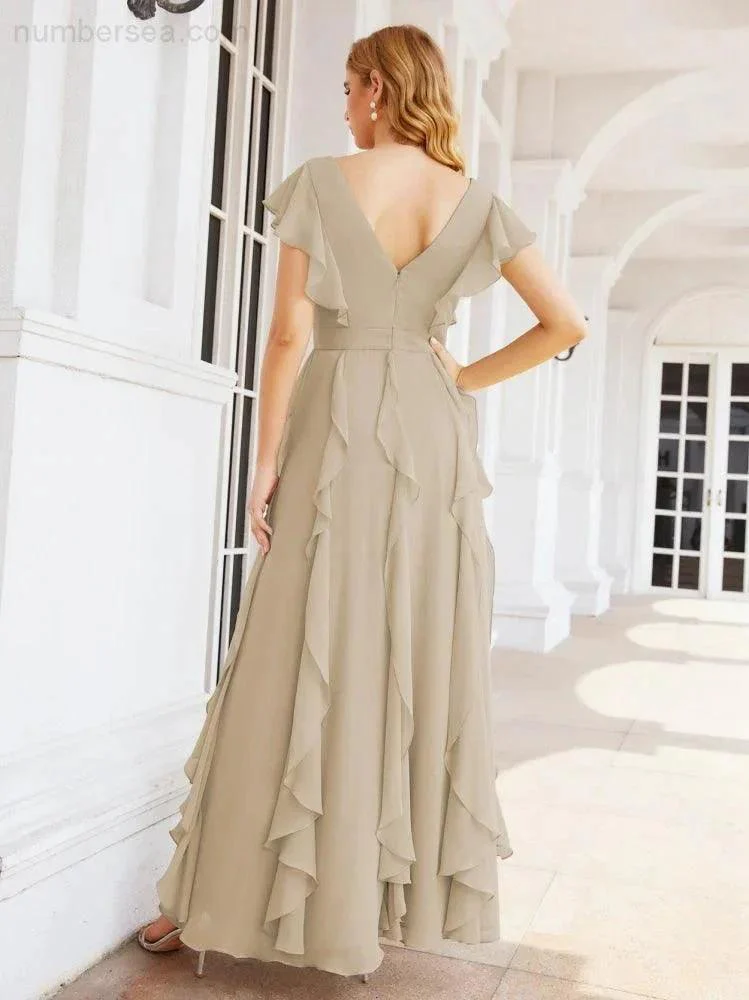 Ruffled Bridesmaid Dresses with Sleeves Long Formal Party Dress 28041 - Image 48