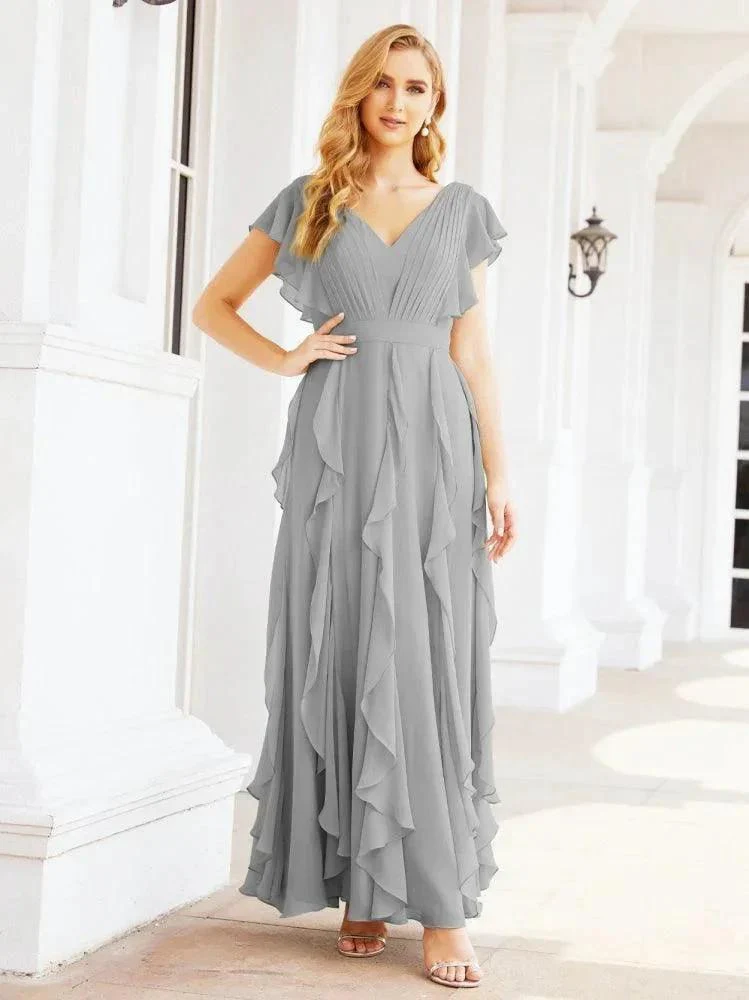 Ruffled Bridesmaid Dresses with Sleeves Long Formal Party Dress 28041 - Image 49