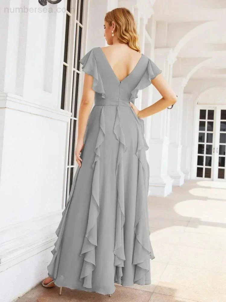 Ruffled Bridesmaid Dresses with Sleeves Long Formal Party Dress 28041 - Image 50