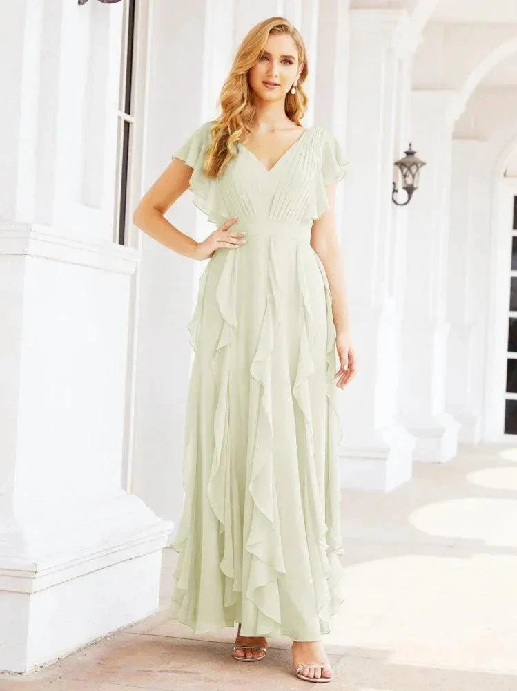 Ruffled Bridesmaid Dresses with Sleeves Long Formal Party Dress 28041 - Image 51