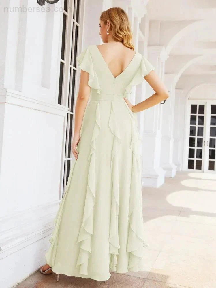 Ruffled Bridesmaid Dresses with Sleeves Long Formal Party Dress 28041 - Image 52