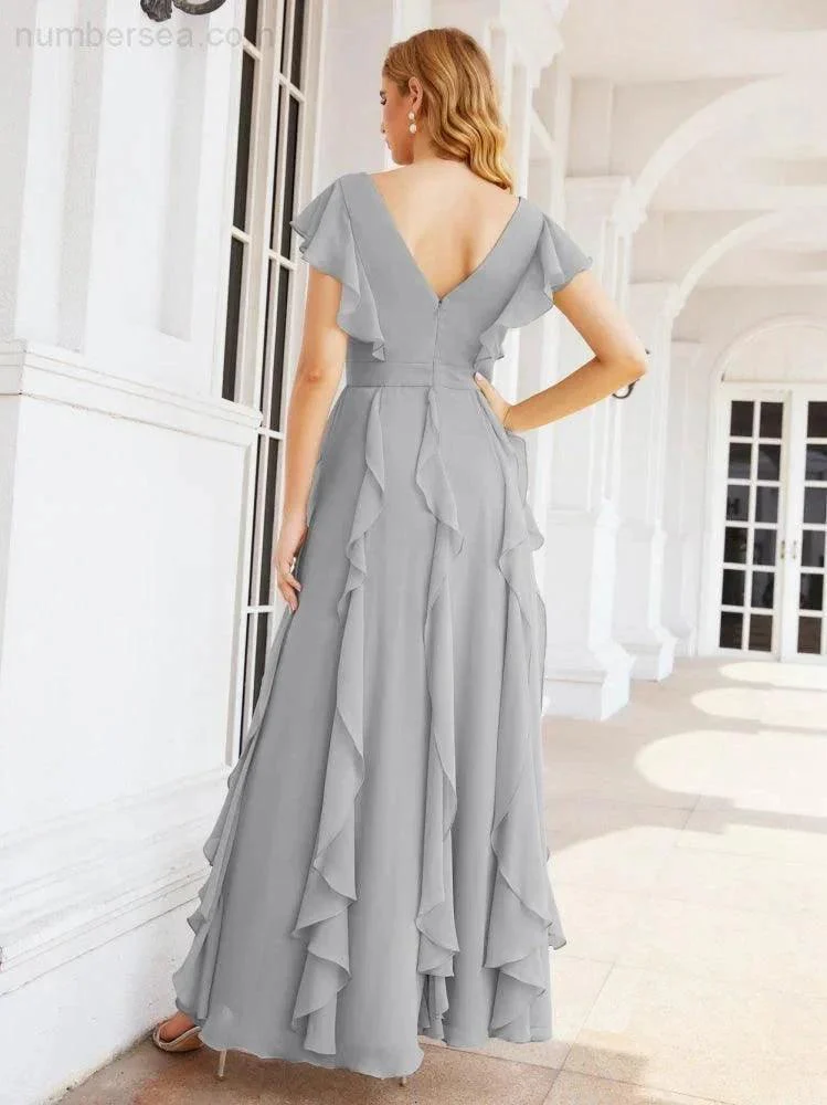 Ruffled Bridesmaid Dresses with Sleeves Long Formal Party Dress 28041 - Image 54