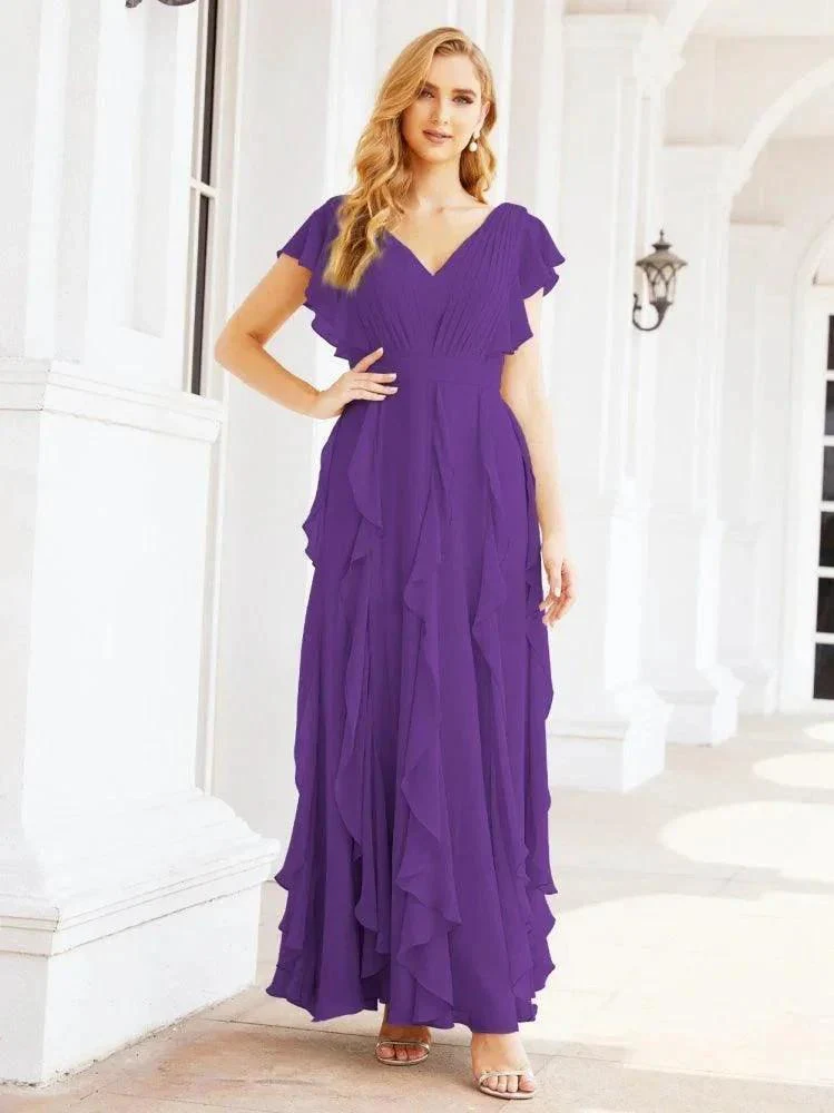Ruffled Bridesmaid Dresses with Sleeves Long Formal Party Dress 28041 - Image 55