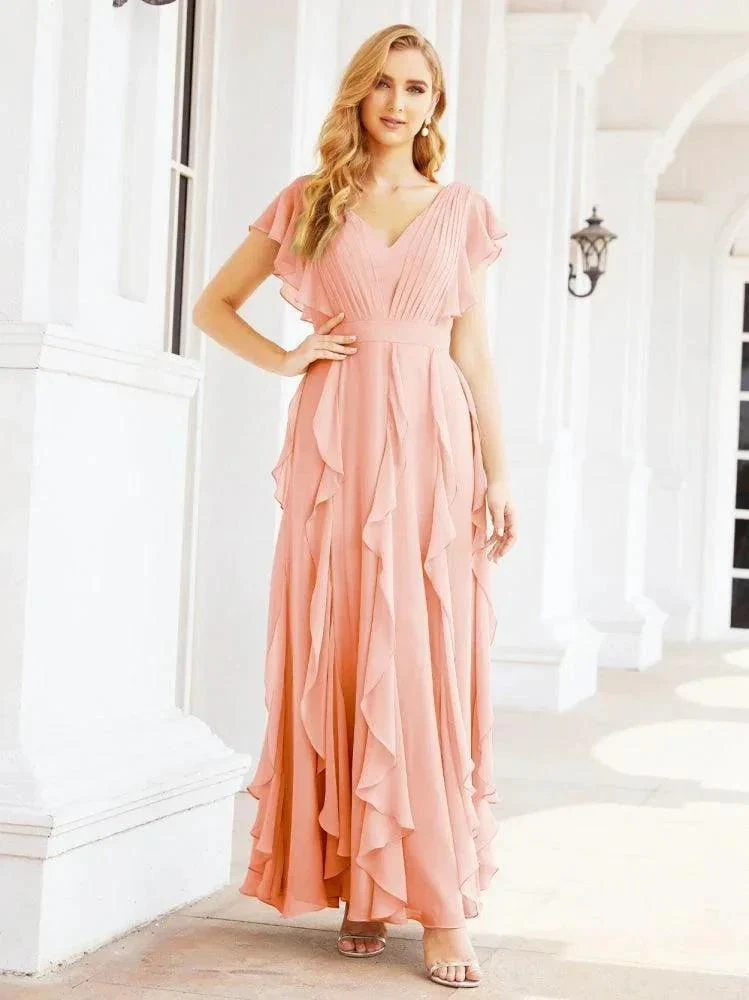 Ruffled Bridesmaid Dresses with Sleeves Long Formal Party Dress 28041 - Image 57