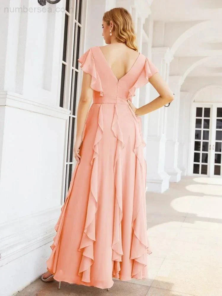 Ruffled Bridesmaid Dresses with Sleeves Long Formal Party Dress 28041 - Image 58