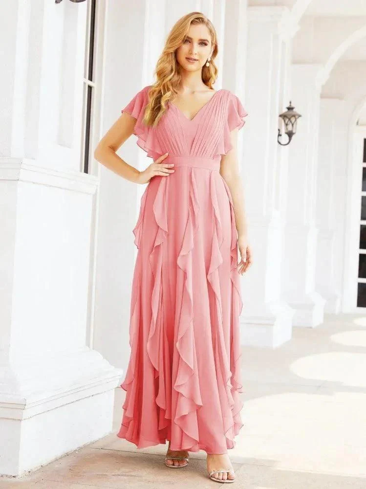 Ruffled Bridesmaid Dresses with Sleeves Long Formal Party Dress 28041 - Image 59