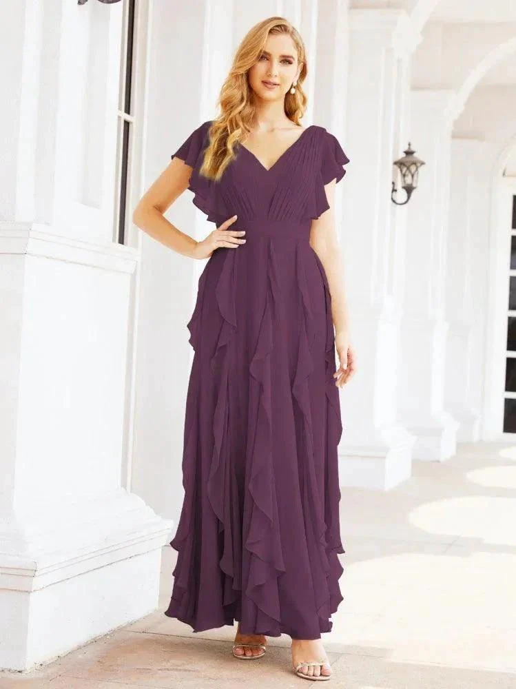 Ruffled Bridesmaid Dresses with Sleeves Long Formal Party Dress 28041 - Image 61