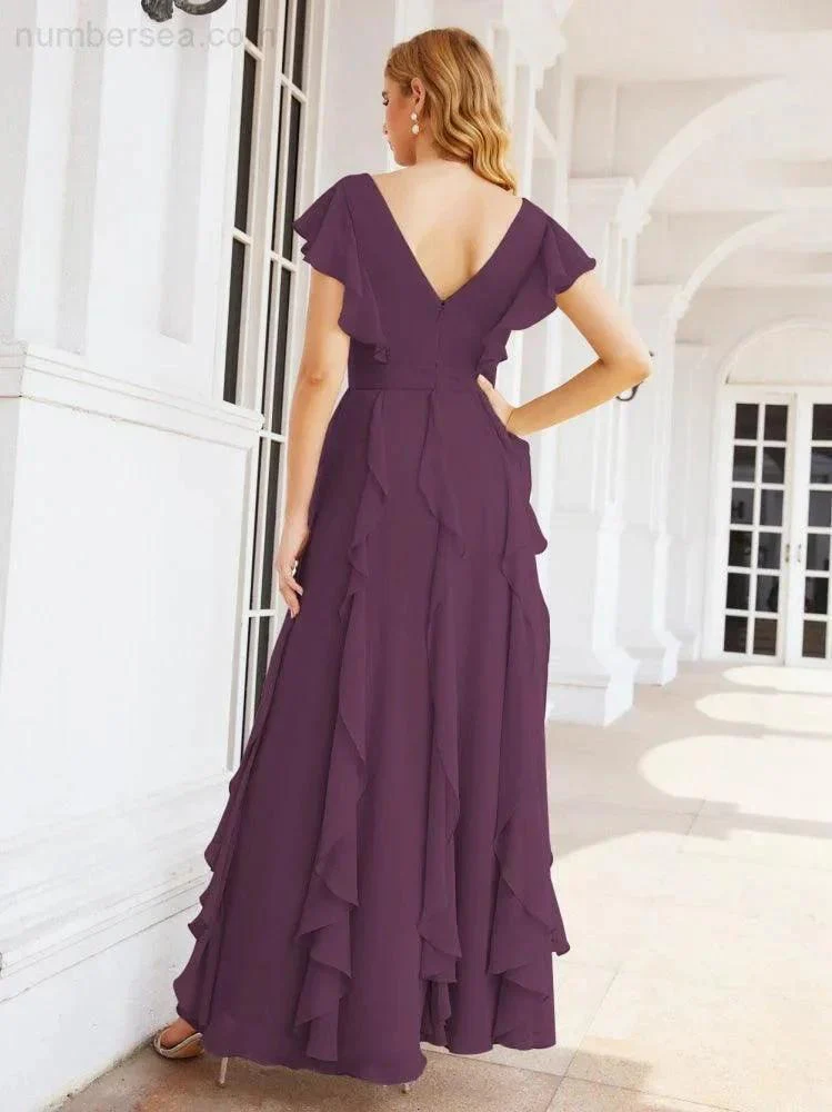 Ruffled Bridesmaid Dresses with Sleeves Long Formal Party Dress 28041 - Image 62