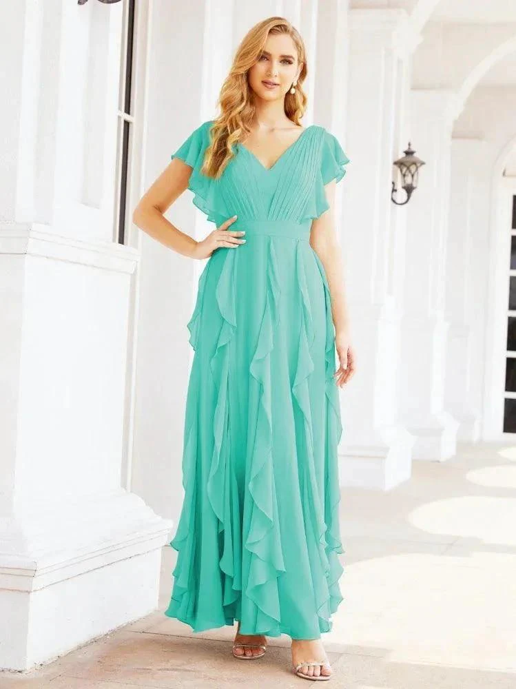 Ruffled Bridesmaid Dresses with Sleeves Long Formal Party Dress 28041 - Image 63