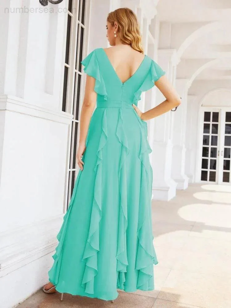 Ruffled Bridesmaid Dresses with Sleeves Long Formal Party Dress 28041 - Image 64