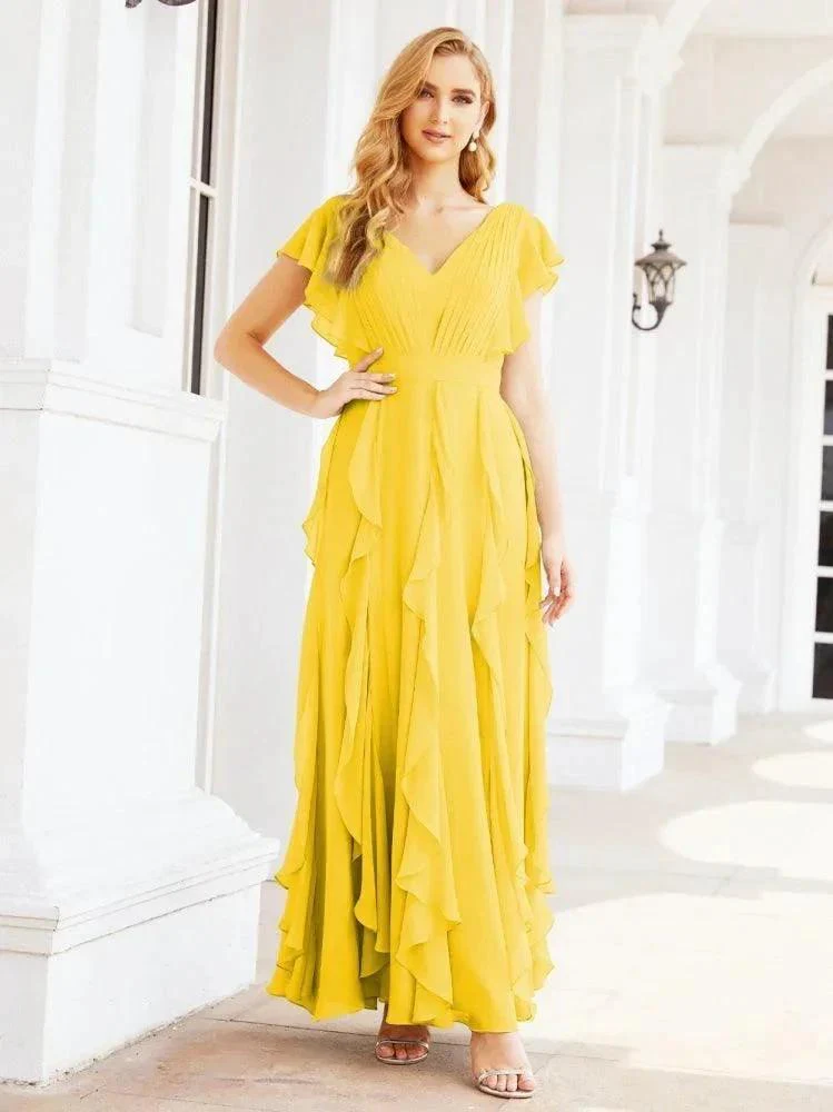 Ruffled Bridesmaid Dresses with Sleeves Long Formal Party Dress 28041 - Image 65