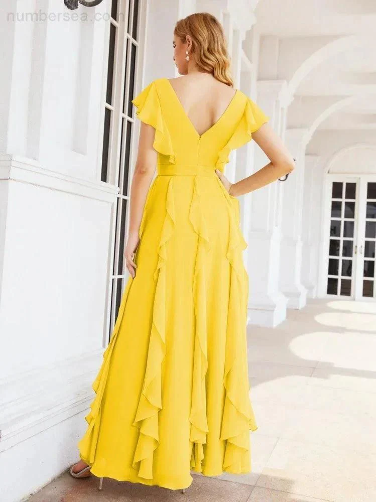 Ruffled Bridesmaid Dresses with Sleeves Long Formal Party Dress 28041 - Image 66