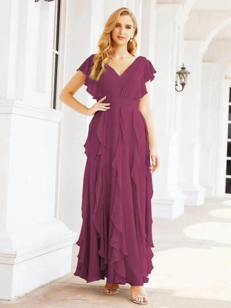 Ruffled Bridesmaid Dresses with Sleeves Long Formal Party Dress 28041 - Image 67