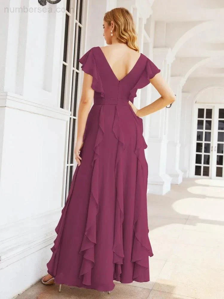 Ruffled Bridesmaid Dresses with Sleeves Long Formal Party Dress 28041 - Image 68