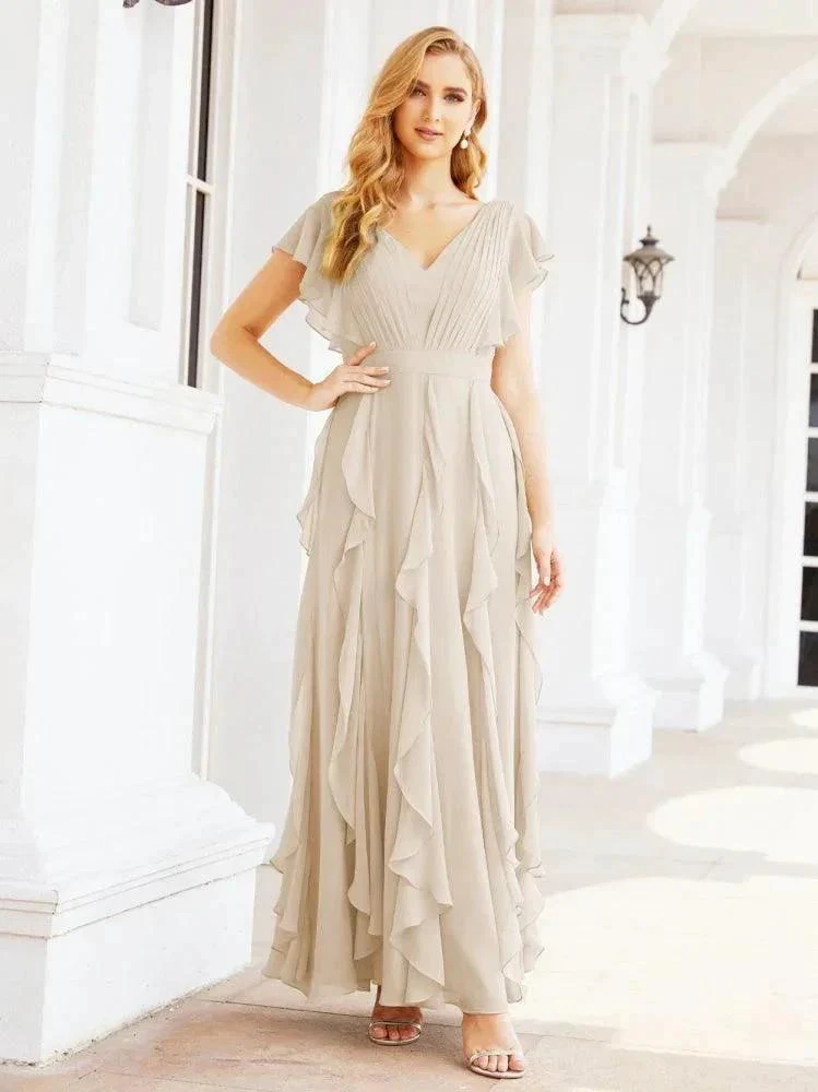 Ruffled Bridesmaid Dresses with Sleeves Long Formal Party Dress 28041 - Image 69