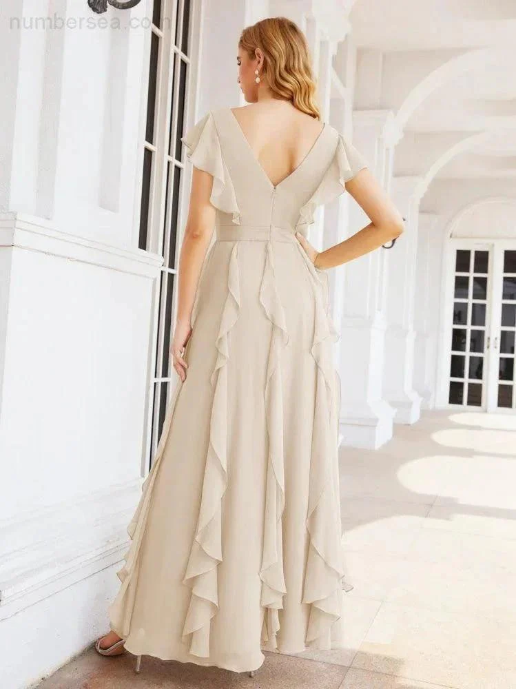 Ruffled Bridesmaid Dresses with Sleeves Long Formal Party Dress 28041 - Image 70