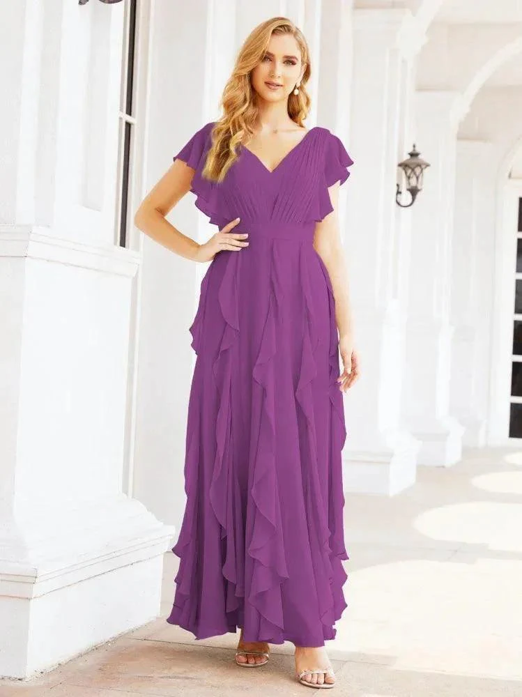 Ruffled Bridesmaid Dresses with Sleeves Long Formal Party Dress 28041 - Image 71