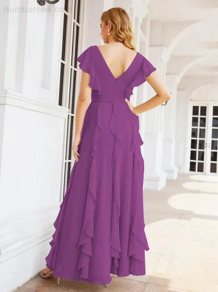 Ruffled Bridesmaid Dresses with Sleeves Long Formal Party Dress 28041 - Image 72