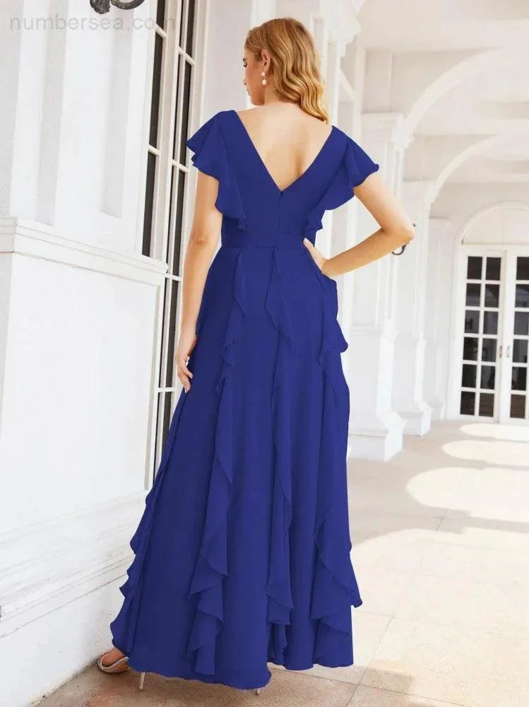 Ruffled Bridesmaid Dresses with Sleeves Long Formal Party Dress 28041 - Image 74