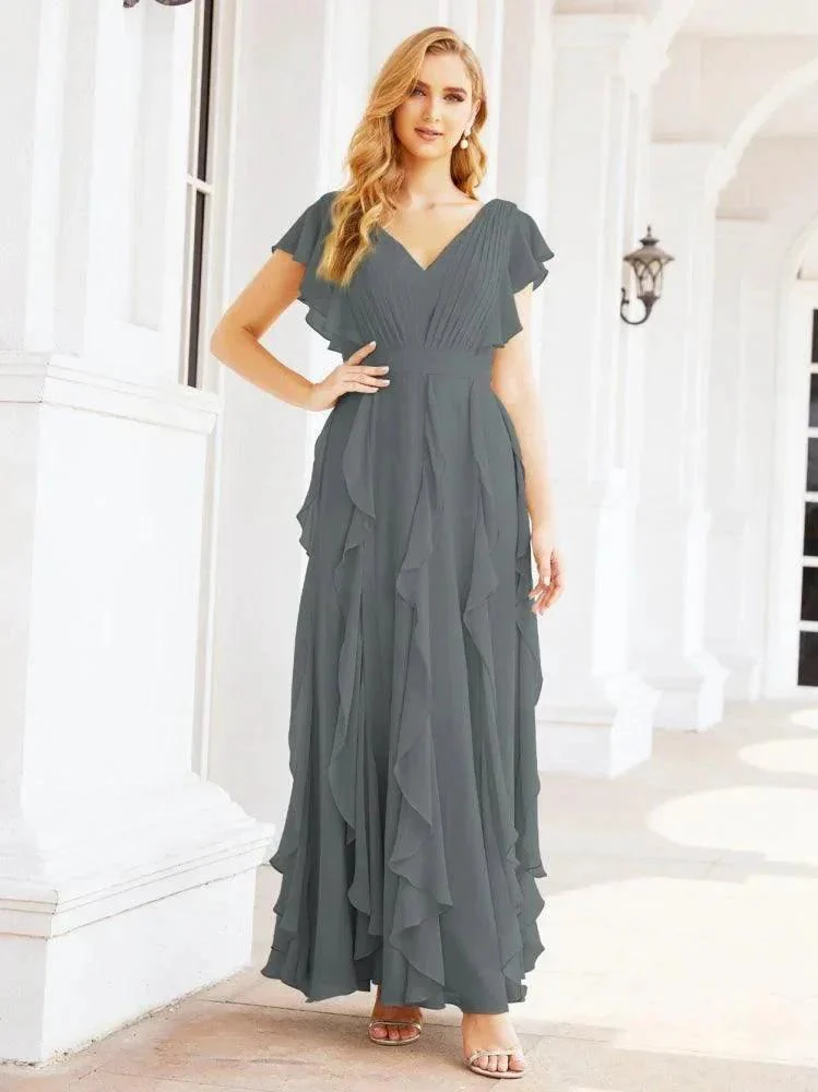 Ruffled Bridesmaid Dresses with Sleeves Long Formal Party Dress 28041 - Image 75
