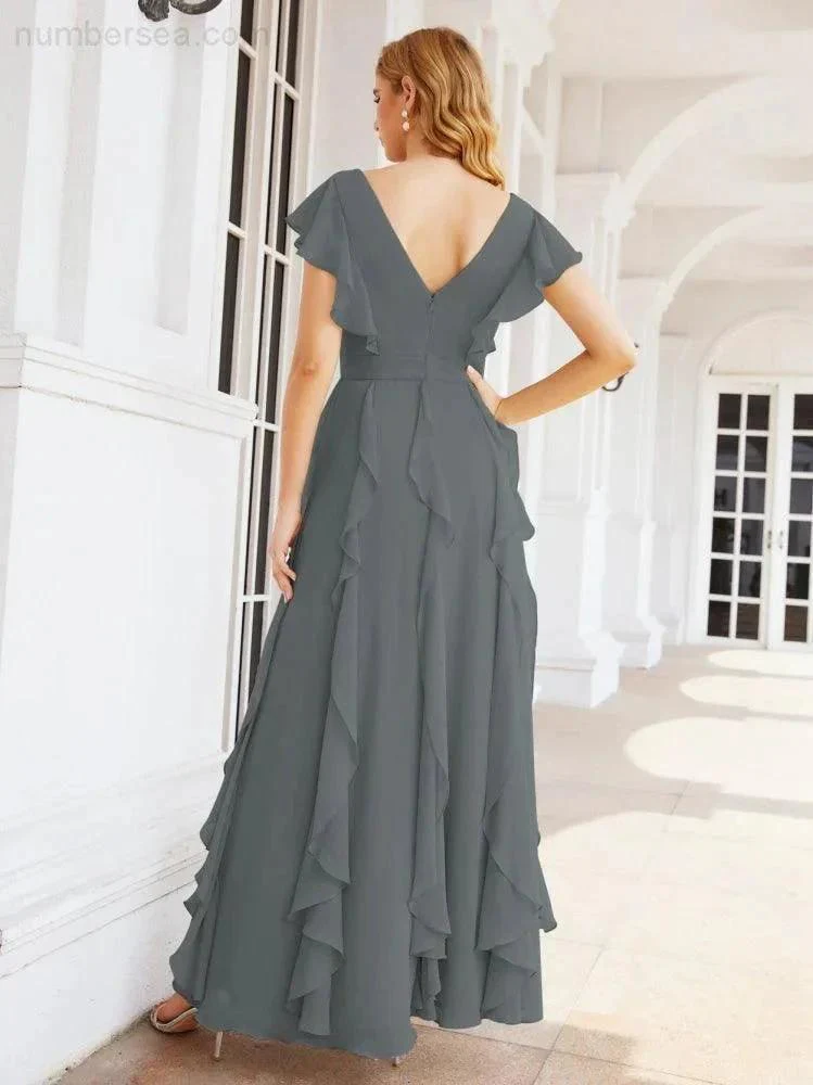 Ruffled Bridesmaid Dresses with Sleeves Long Formal Party Dress 28041 - Image 76
