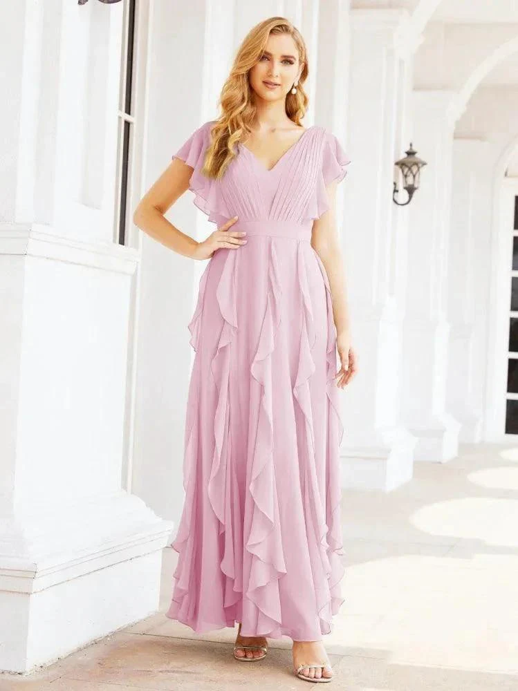 Ruffled Bridesmaid Dresses with Sleeves Long Formal Party Dress 28041 - Image 77