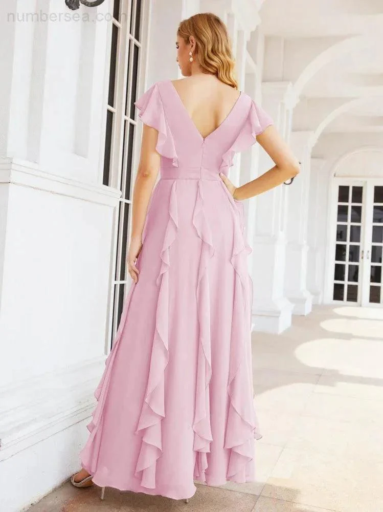 Ruffled Bridesmaid Dresses with Sleeves Long Formal Party Dress 28041 - Image 78