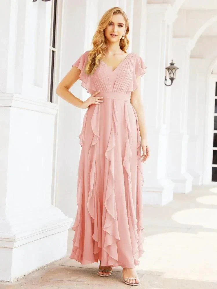 Ruffled Bridesmaid Dresses with Sleeves Long Formal Party Dress 28041 - Image 79