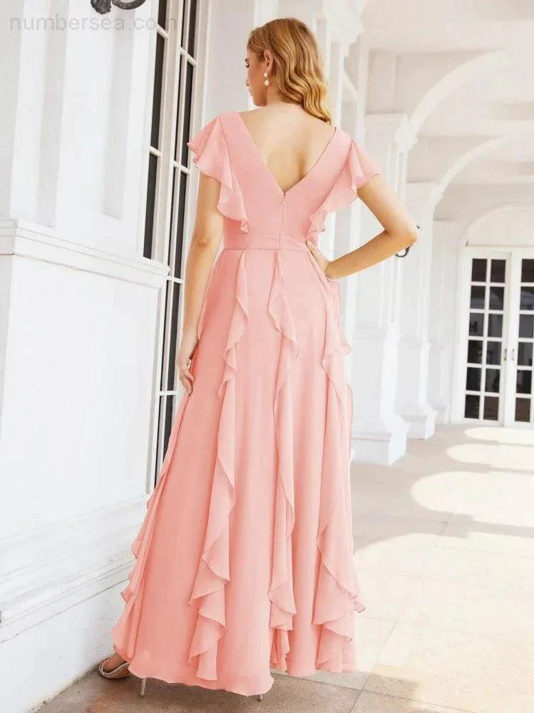 Ruffled Bridesmaid Dresses with Sleeves Long Formal Party Dress 28041 - Image 80