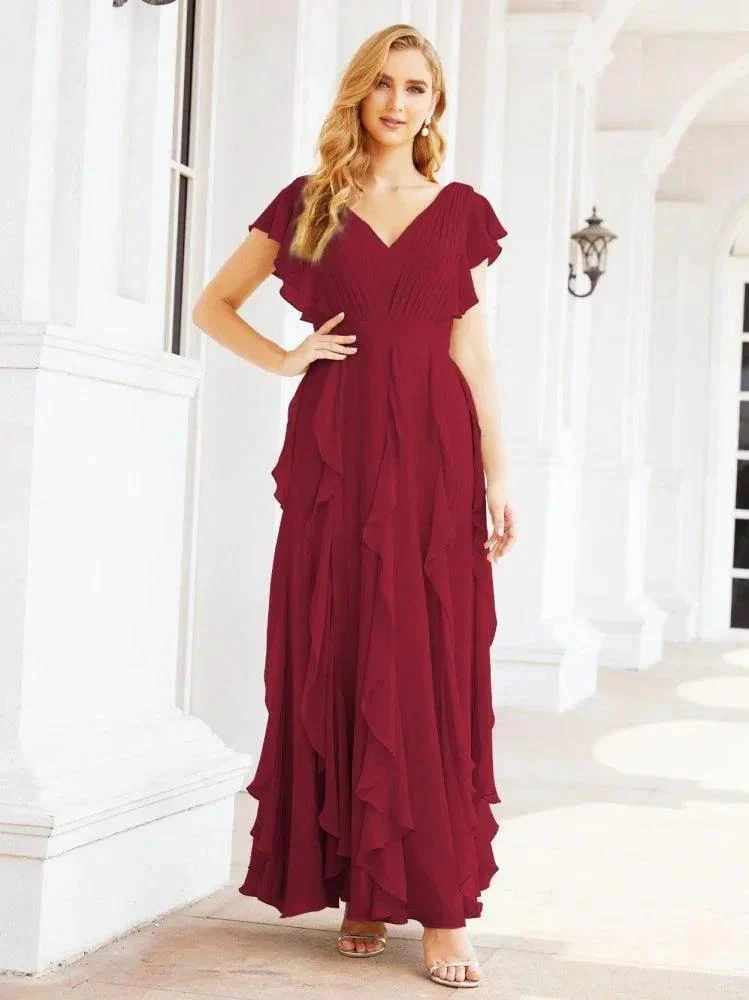 Ruffled Bridesmaid Dresses with Sleeves Long Formal Party Dress 28041 - Image 81